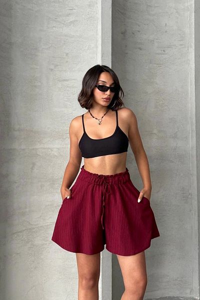 bacc Burgundy Flounced Comfortable Fit Elastic Waist Linen Shorts Bchn-25255058