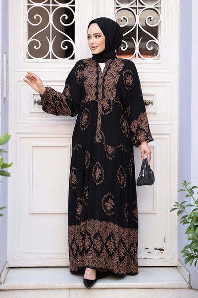 N.S NEVA STYLE Μαύρο Φόρεμα Hijab με σχέδιο 24014S