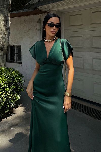 bacc Green V-Neck Chest Draped Satin Dress Bcdf-252217