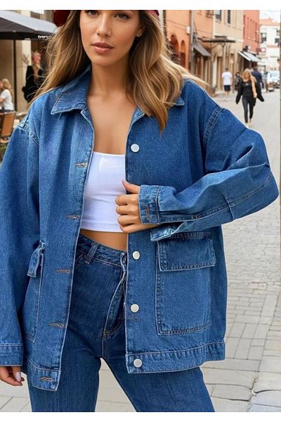 Pasaklı Giyim Jachetă de blugi oversize albastră de damă Kt001