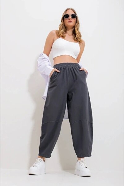 MEINE LIEBE Kadın Füme Gabardin Şalvar Pantolon – Lastikli Bel, Cepli, Rahat Kesim