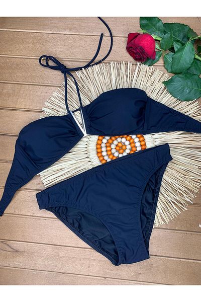 XORVİO Women's Lycra Flexible Drawstring Halter Neck Strapless Stylish Quality Black Color V Detailed Bikini Suit