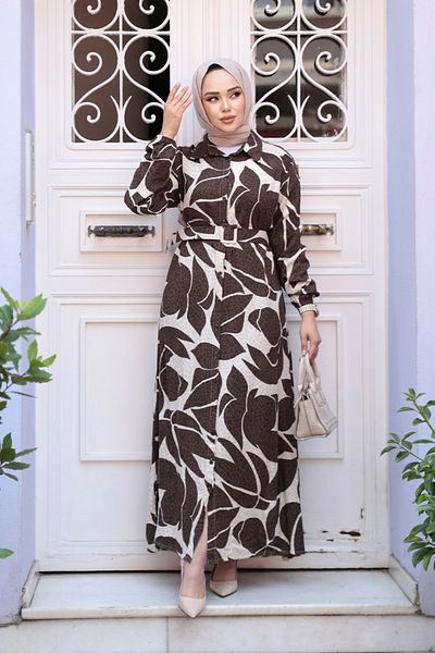 N.S NEVA STYLE Φόρεμα Καφέ Μοτίβο Hijab 24082KH
