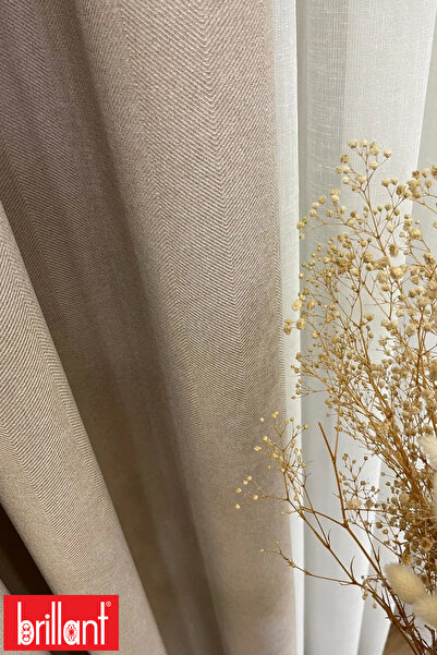 Brillant Keten Kum Beji Renk 1/3 Sık Pile Kalın Tek Kanat Fon Perde