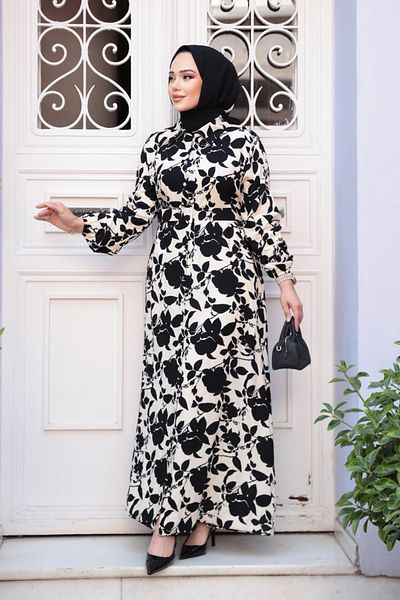 N.S NEVA STYLE Μαύρο Φόρεμα Hijab με σχέδιο 24083S