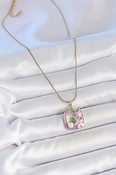Clariss 316L Steel Gold Color Chain Purple Enamel Square Model Flower Embroidered Pearl Detail Women's Necklace
