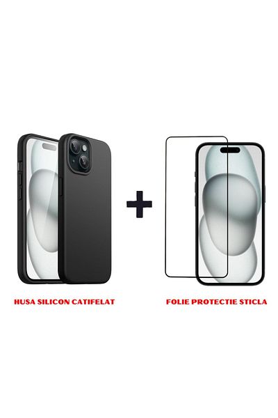 OEM Full protection package for Iphone 15 - Silicone case + Glass protector - Black