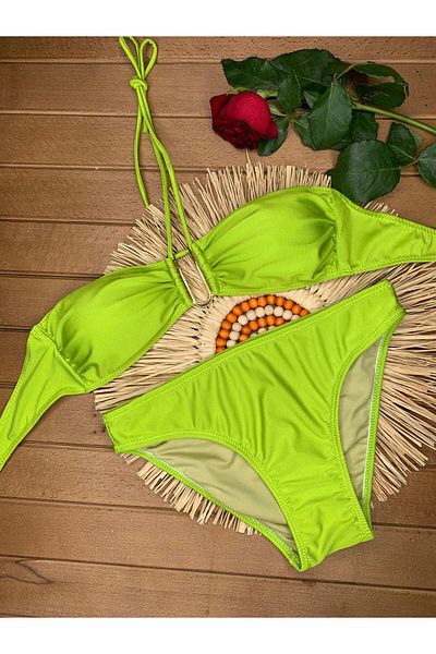 XORVİO Women's Lycra Flexible Drawstring Halter Neck Strapless Stylish Quality V Detailed Green Color Bikini Suit