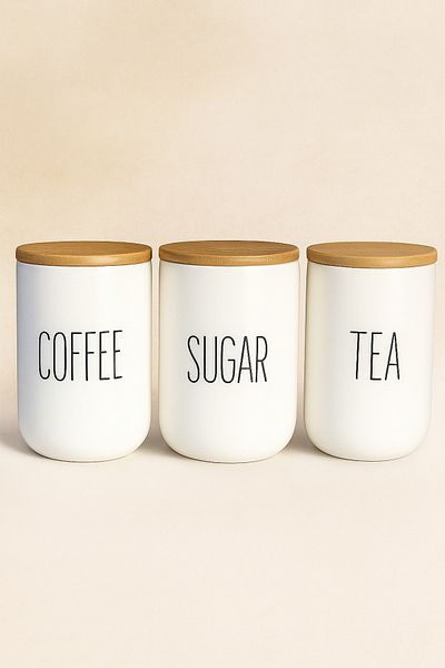 welcomein Set of 3 Ceramic Bamboo Lid White Jars 1000 ml – Coffee / Sugar / Tea – Bamboo Lid