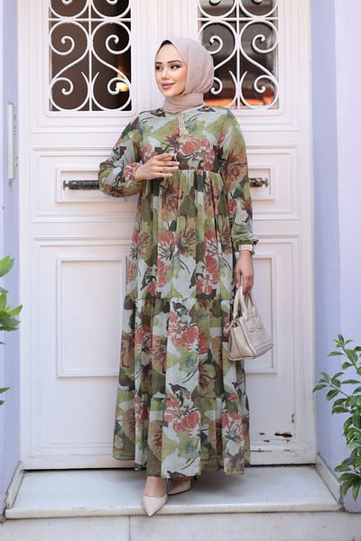 N.S NEVA STYLE Φόρεμα Hijab Χακί με λουλούδια 22056HK