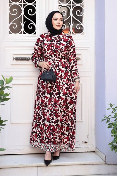 N.S NEVA STYLE Φόρεμα με σχέδιο μπορντό Hijab 24081BR