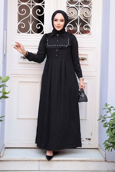 N.S NEVA STYLE Button Detailed Black Hijab Dress 7224S