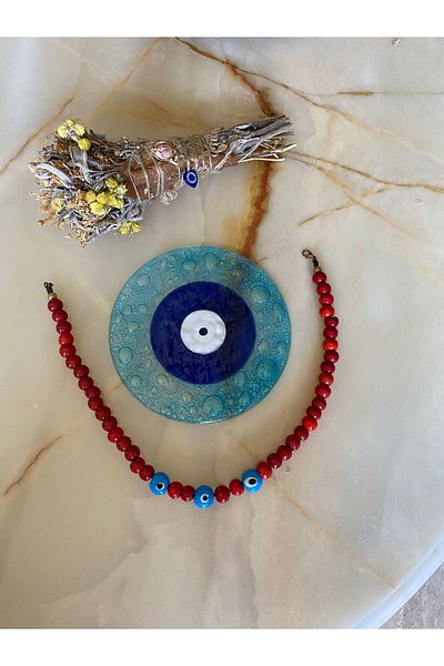 marsel aksesuar Red Bodrum Three Evil Eye Bead Necklace