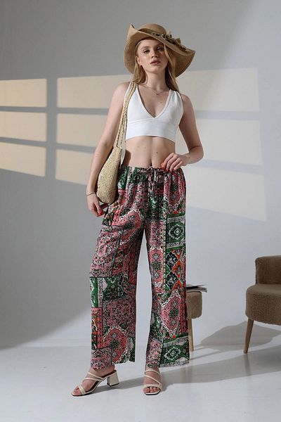 bacc Pink Ethnic Patterned Viscon Summer Woven Trousers Bcbt-251009