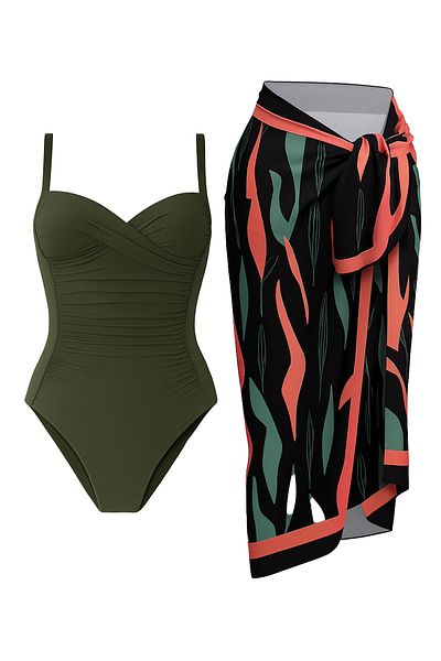 CUPSEA Women's Gathering Draped Khaki Orange Patterned Underwear Pareo Set of 2 Stylish and Slimming Effect
