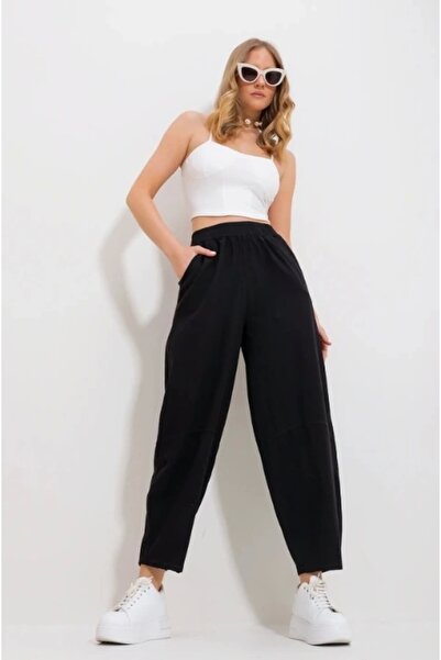 Meine Liebe Unterwäsche بنطلون شالوار جبردين أسود نسائي – خصر مطاطي، جيوب، قص...