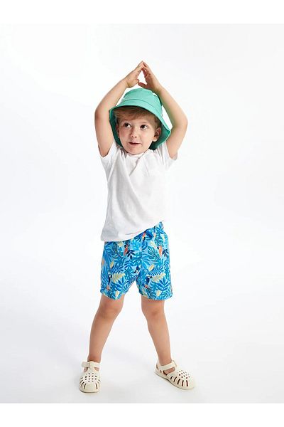 LC Waikiki Lcw Kids Blue Printed Baby Boy Swim Shorts with Elastic Waist