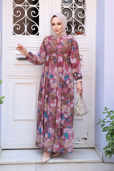 N.S NEVA STYLE Φόρεμα με μοτίβο λουλουδιών Dusty Rose Hijab 22056GK