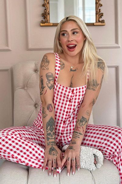 Pijamaevi Rouge Gingham Patterned Bamboo Front Button Thick Strap Pajama Set