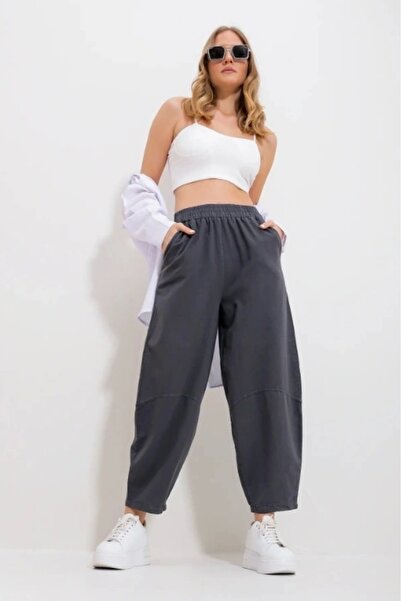 MEINE LIEBE Kadın Füme Gabardin Şalvar Pantolon – Lastikli Bel, Cepli, Rahat Kesim