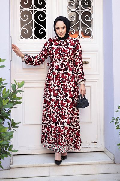 N.S NEVA STYLE Φόρεμα με σχέδιο μπορντό Hijab 24081BR