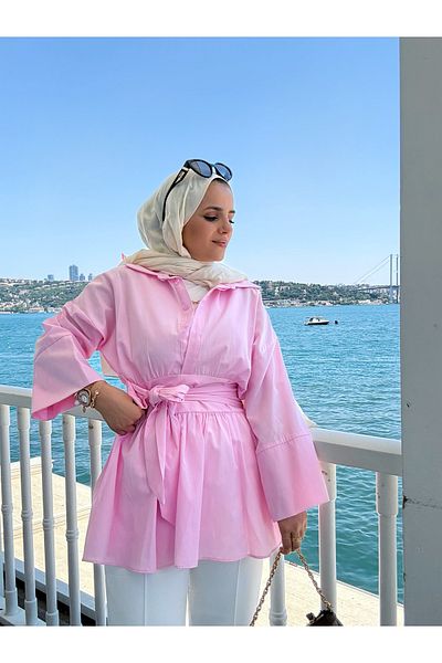 Aselim Hijap Moda Poplin Kimono Shirt – Blue with Belt at the Waist and Buttons