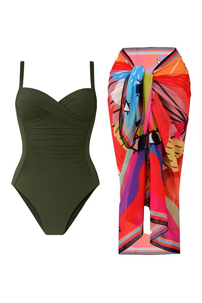 CUPSEA Women's Gathering Draped Swimsuit Khaki Green Rainbow Pareo Set of 2 Stylish and Slimming Effect