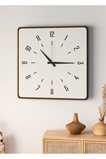 DEKORANLA Şık Ahşap Duvar Saati, Ceviz ve Beyaz MDF, 48cm Büyük Boy, Modern T...