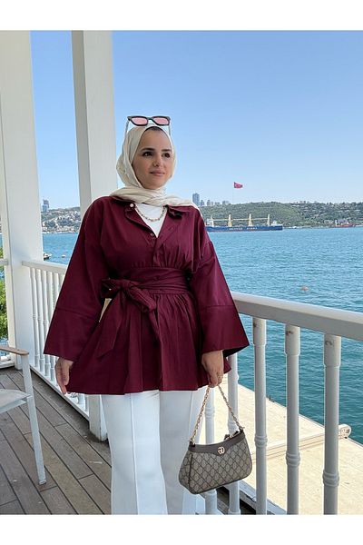Aselim Hijap Moda Poplin Kimono Shirt – Blue with Belt at the Waist and Buttons