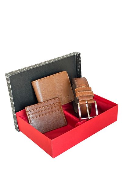 Tisaati Комплект от луксозен кожен класически портфейл с колан и държач за карти от премиум серия в специална кутия