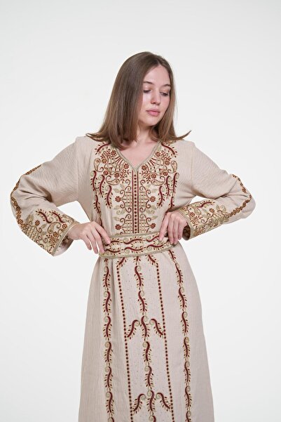 al bent al sharqieh Ladies Printed Jalabiya - Full-Sleeve linen Dress with be...