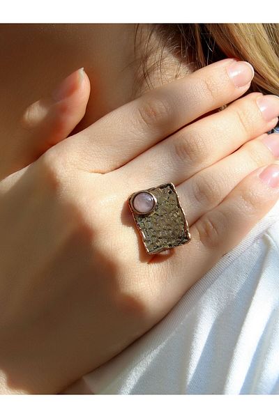 esha Natural Stone Pink Quartz Natural Stone Rectangular Model Adjustable Antique Women's Ring Euy67Pk