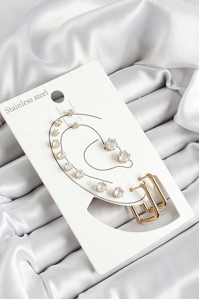 Clariss 316L Steel Rectangular Figure and Zircon Stone Gold Color 7-Piece Double Women's Earring Set