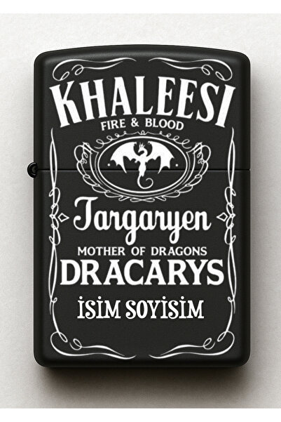 Melek Pazarı Khaleesi Targaryen Desenli Kişiye Özel İsimli Siyah Benzinli Metal Çakmak