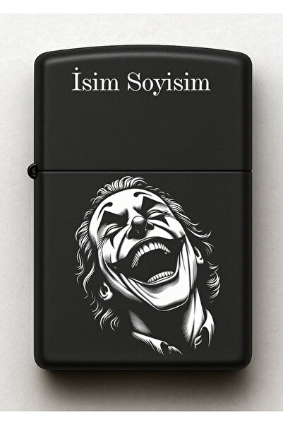 Melek Pazarı Joker Desenli Kişiye Özel İsimli Siyah Benzinli Metal Çakmak 2