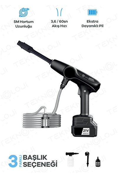 Talon Şarjlı Yüksek Basınçlı Araç Yıkama Makinesi 2 Batarya Köpük Hazneli 5m Hortumlu Bahçe Ağaç Sulama