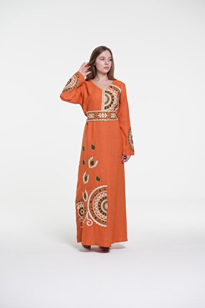 al bent al sharqieh Ladies Printed Jalabiya - Full-Sleeve linen Dress with be...
