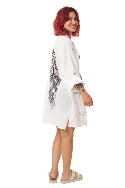 İZMİR ASKERİ MALZEME Wooden Print Linen Woven White Color Tuy Pattern Long Sl...