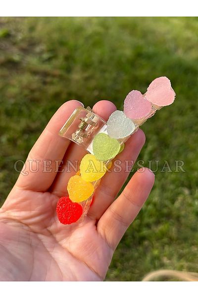 QUEEN AKSESUAR New Heart Jelly Bean Dust Candy Looking Transparent Beaded Multicolored Colorful Clothespin Buckle Large
