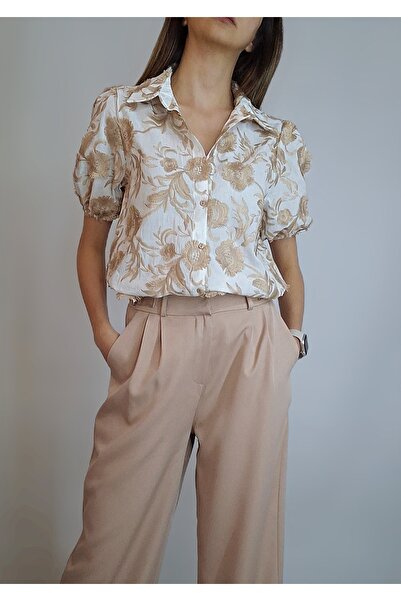 oyagüler Women's Beige Embroidered Cotton Fabric Balloon Sleeve Design Shirt Yy101244