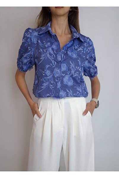 oyagüler Women's Blue Embroidered Cotton Fabric Balloon Sleeve Design Shirt Y...