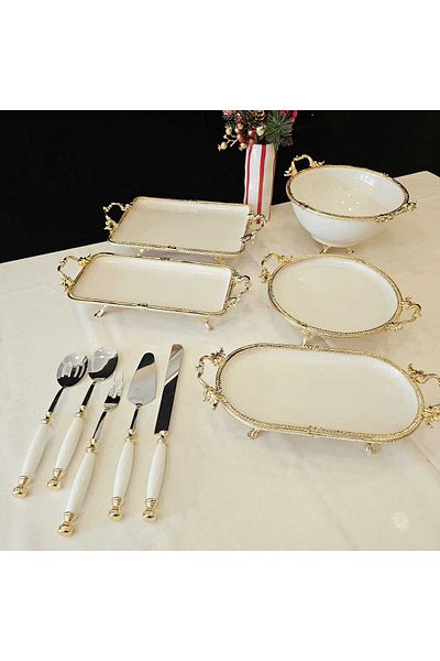 MaviDamla 10 Piece Footed Porcelain Presentation and Service Set Gold
