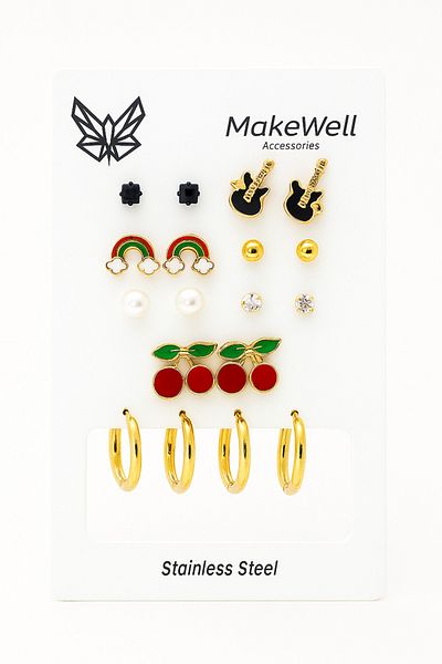 MakeWell Steel Tarnish-Free Guitar Cherry Rainbow Steel Ring Pearl Ball Solitaire and Drumstick Stone Steel Earrings Set