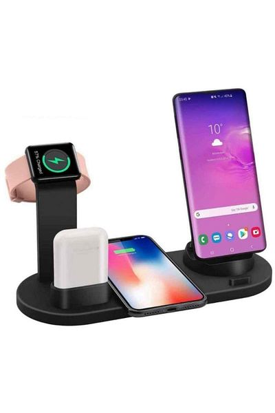 SIKS Încărcător wireless 4 în 1, stație de încărcare pentru telefon, ceas și căști, negru
