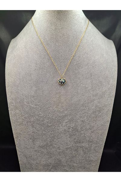 Han Ticarethane Gold Color Mosaic Patterned Heart Model Steel Necklace