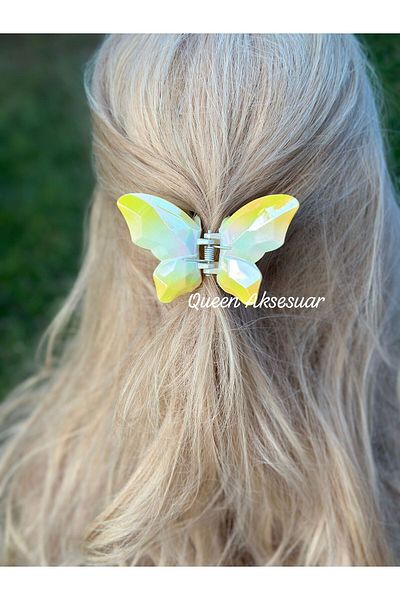 QUEEN AKSESUAR Bright Metallic Look Gradient Yellow White Large 3D Butterfly Clasp Buckle