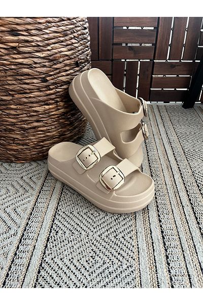 Behtah Kundura High Double Buckle Thick Soled Slide Slippers Garden Beach Pool Sea Summer Daily Slippers