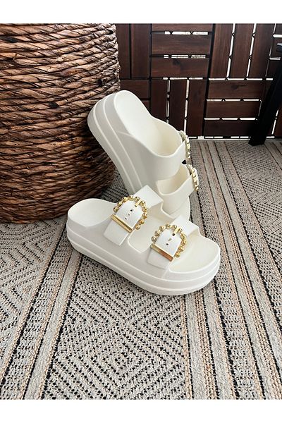 Behtah Kundura High Double Buckle Thick Soled Slide Slippers Garden Beach Pool Sea Summer Daily Slippers