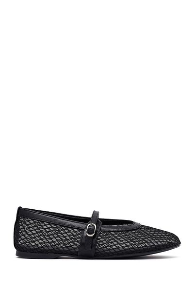 Derimod Women's Black Mesh Buckle Ballerinas 25Sfe485114