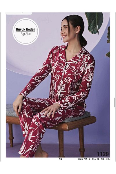 Miss Klein Women's Plus Size Shirt Collar Cotton Lycra Long Sleeve Pajama Set 1129 - 1 Piece